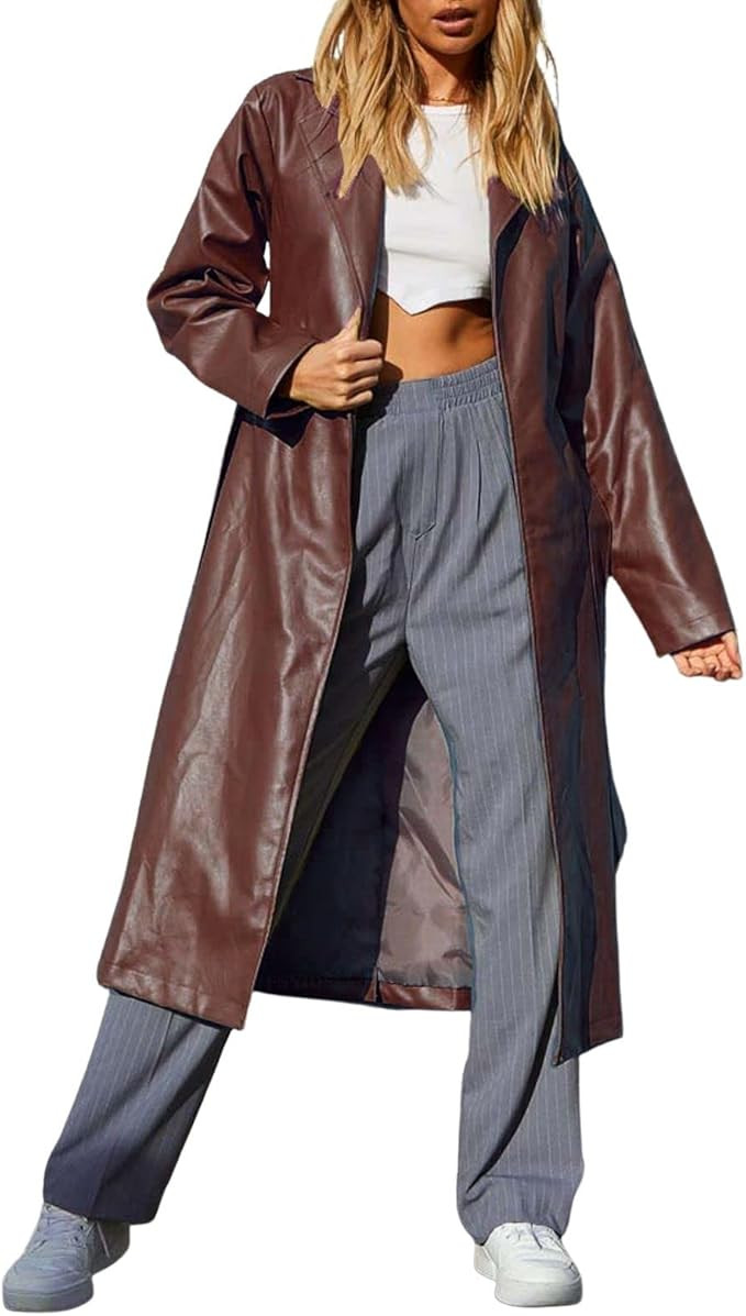 chouyatou Women's Casual Lapel Open Front Pu Faux Leather Long Trench Coat with Belt | Amazon (US)