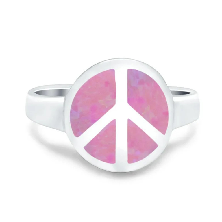 Peace Sign Ring Inlay Round Lab Created Pink Opal 925 Sterling Silver Size 8 | Walmart (US)