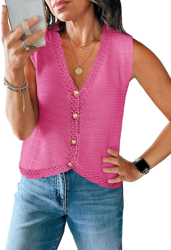 Saodimallsu Womens Sleeveless V Neck Sweater Vest Cropped Button Down Crochet Casual Loose Knit S... | Amazon (US)
