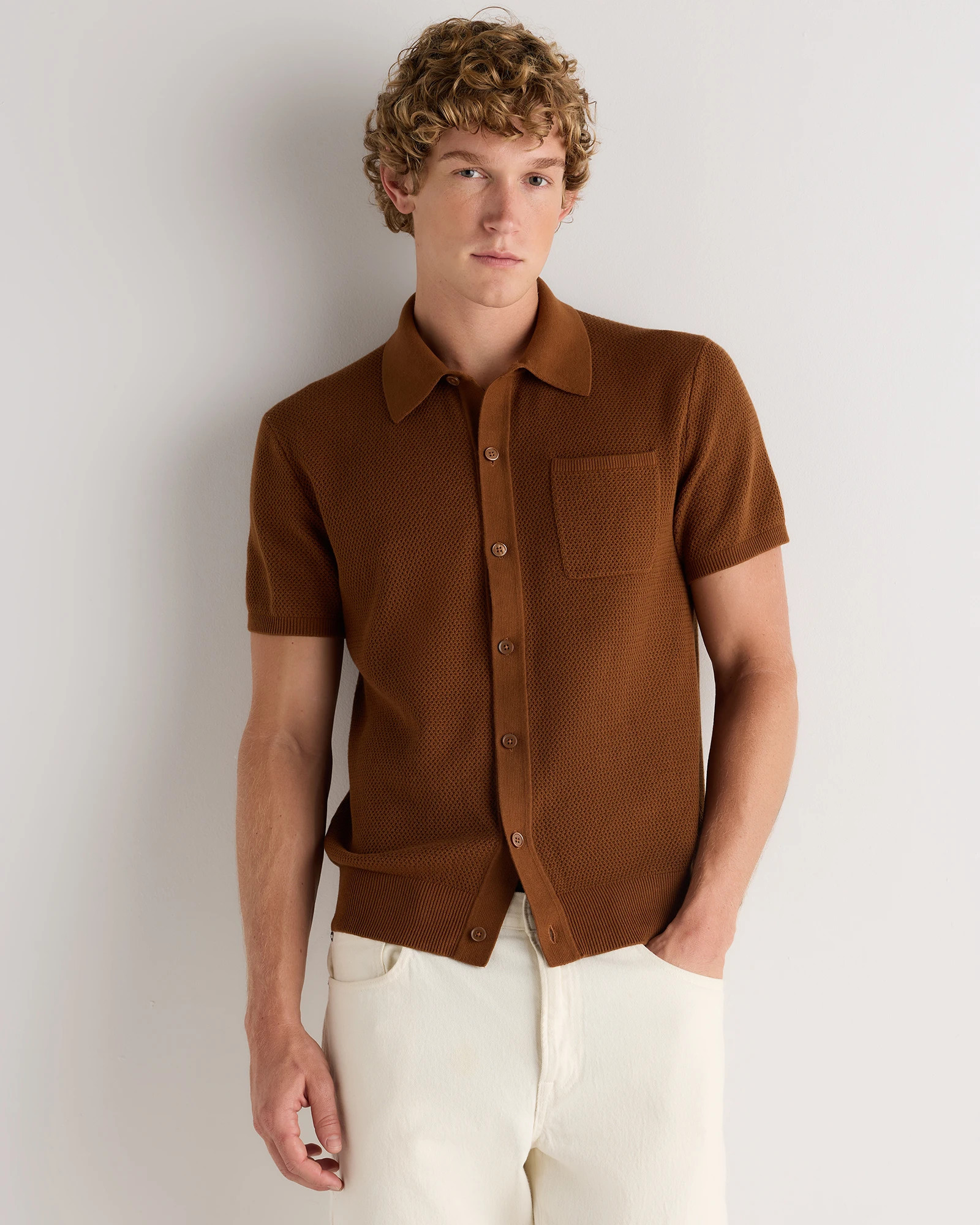 Quince | Men's Mesh-Stitch Button-Up Sweater Polo in Navy, Size Small, Organic Cotton | Quince