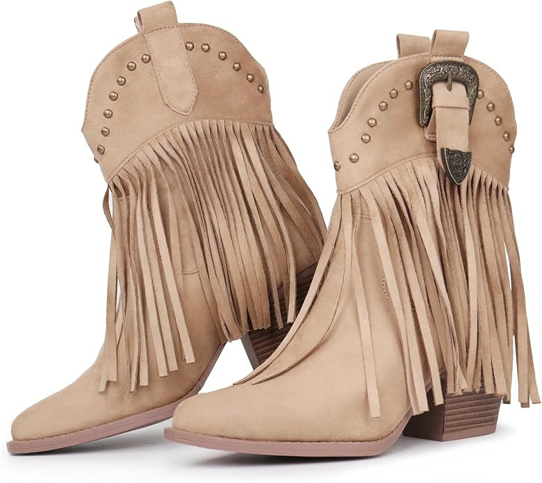 Hawkwell Women's Fringe Cowboy Cowgirl Boots Snip Toe Pull On Dress Western Ankle Booties | Amazon (US)