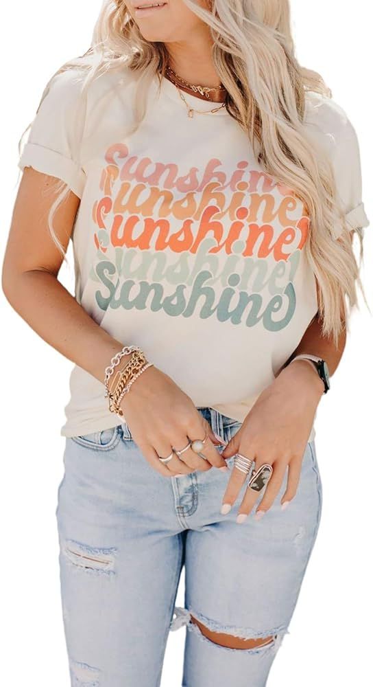 Elapsy Womens Print Tee T-Shirt Short Sleeve Casual Round Neck Summer Blouse Shirt Tops | Amazon (US)