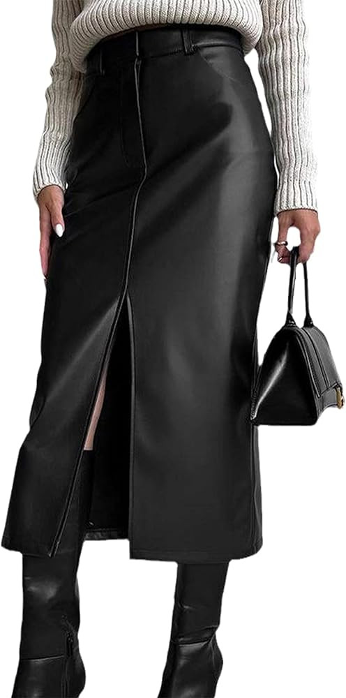 Women's High Waisted Faux Leather Skirt Sexy Bodycon Front Split Pencil Slim Fit Midi Long Skirts | Amazon (US)