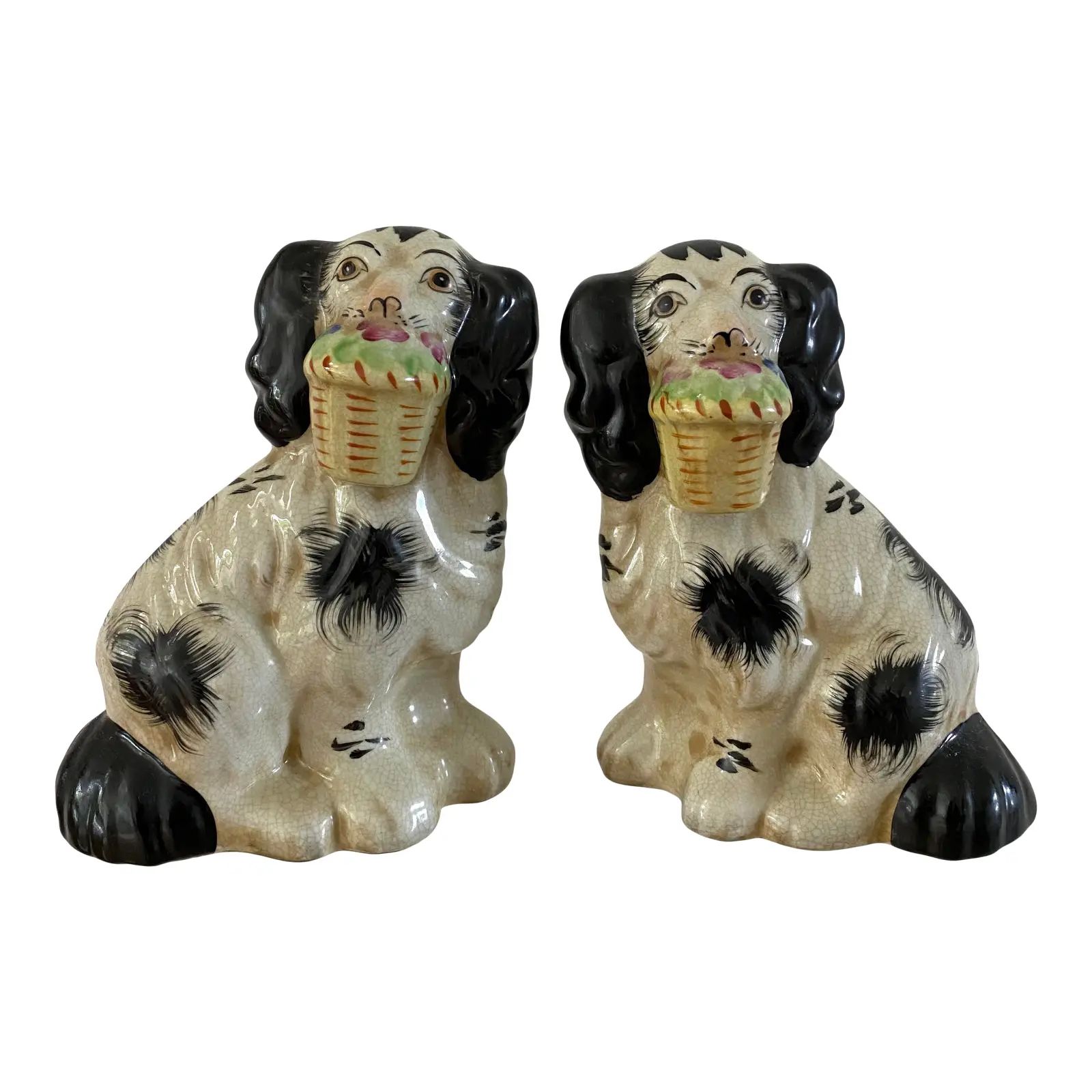 English Staffordshire-Style Dogs With Flower Baskets Figurines - a Pair | Chairish