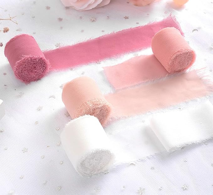 4 Rolls Handmade Chiffon Ribbons Frayed Edges White Ribbon 1-3/4"x 6Yd Fringe Silk-Like Pink Ribb... | Amazon (US)