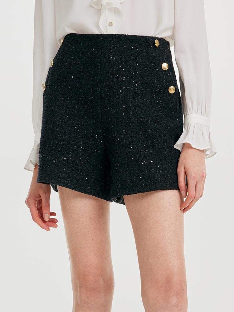 Elegant Black Tweed Shorts | GOELIA