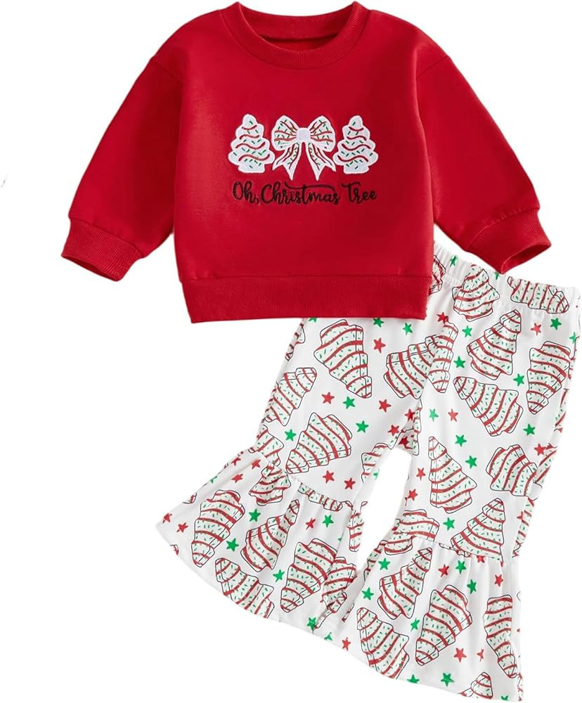 Toddler Baby Girl Christmas Outfit Bow Christmas Tree Embroidery Long Sleeve Sweatshirt Flared Pa... | Amazon (US)