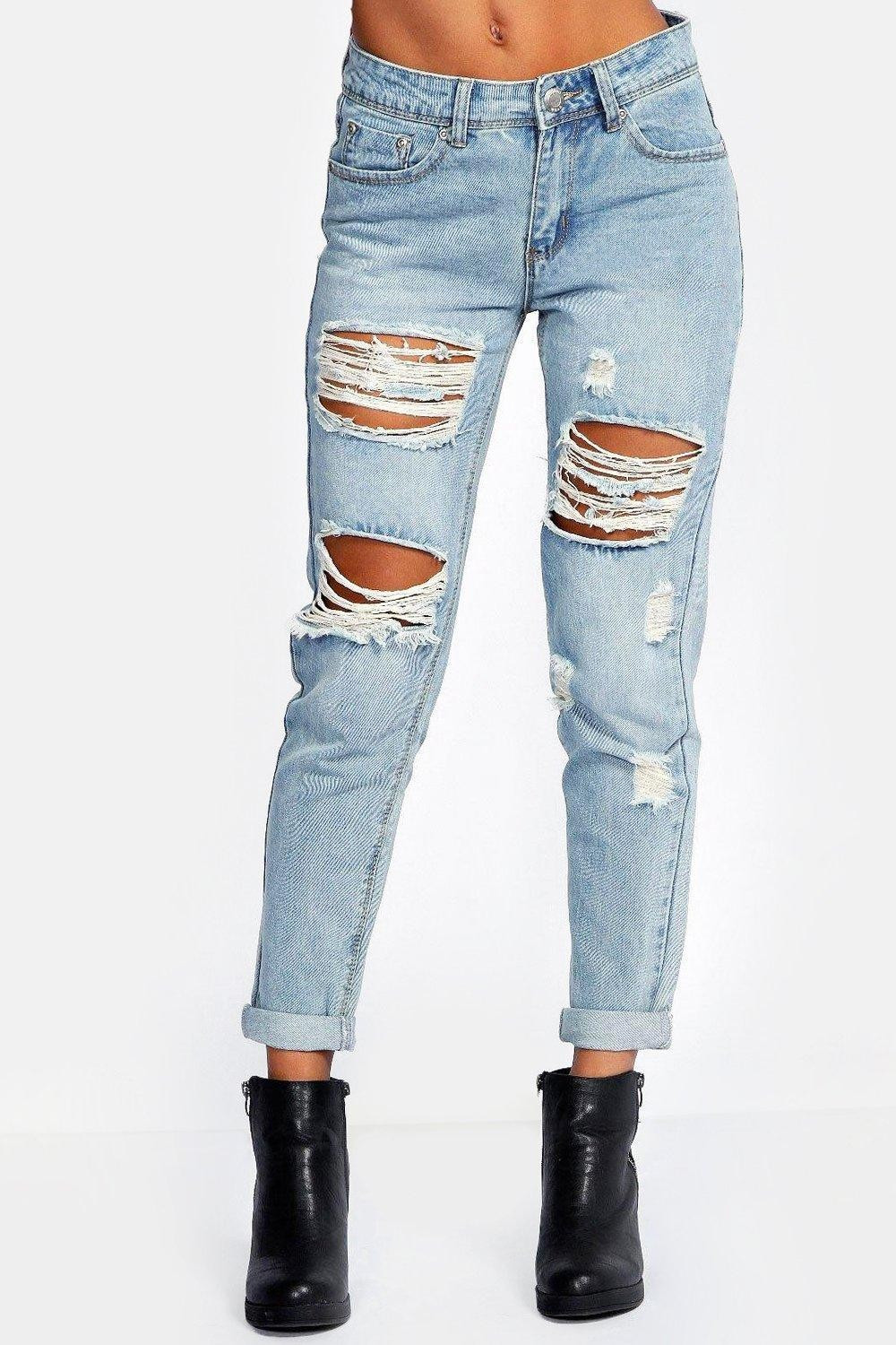 boohoo Gemma All Over Ripped 7/8th Jeans - blue | Boohoo.com (US & CA)