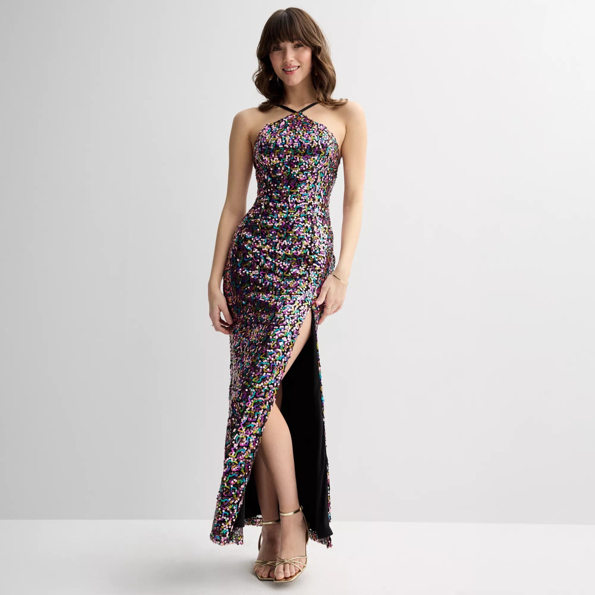 Juniors' Violet Weekend Sequin Halter Side Slit Gown | Kohl's