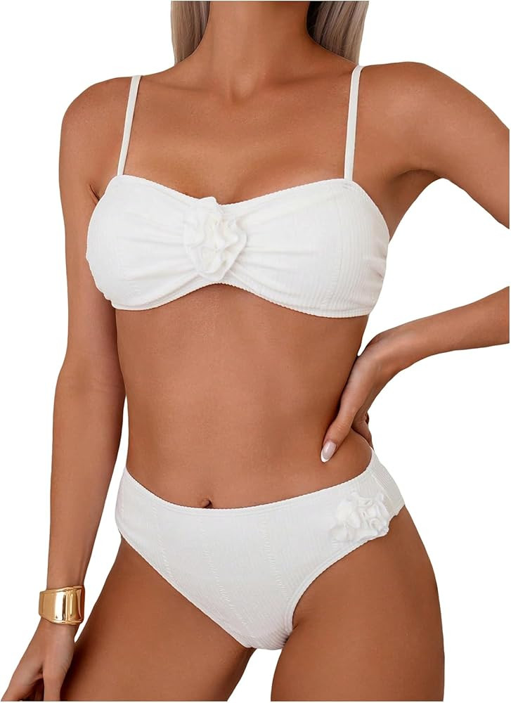 OYOANGLE Women's 3D Rose Spaghetti Straps Bikini Set 2 Piece Swimsuit High Cut Wireless Bathing S... | Amazon (US)