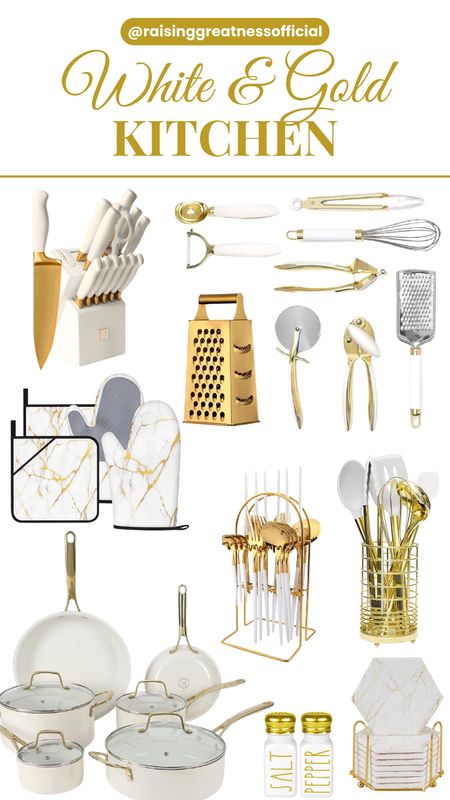 Step into your white and gold kitchen oasis! ✨ Elevate your culinary space with exquisite essentials: a gleaming knife set, stylish kitchen utensils, cozy mittens, premium pots and pans, a chic peppermints container, and elegant coasters. Infuse your kitchen with timeless sophistication and charm. Let every detail sparkle and shine! 🍽️✨ #WhiteAndGoldKitchen #KitchenEssentials #TimelessElegance

#LTKsalealert #LTKhome