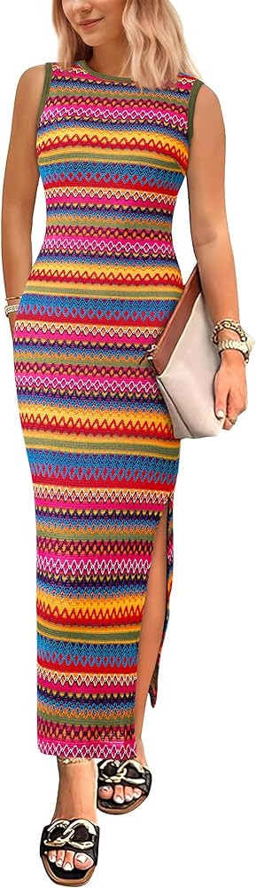 PRETTYGARDEN Womens Summer Sleeveless Tank Dress Crew Neck Striped Side Slit Bodycon Casual Maxi ... | Amazon (US)