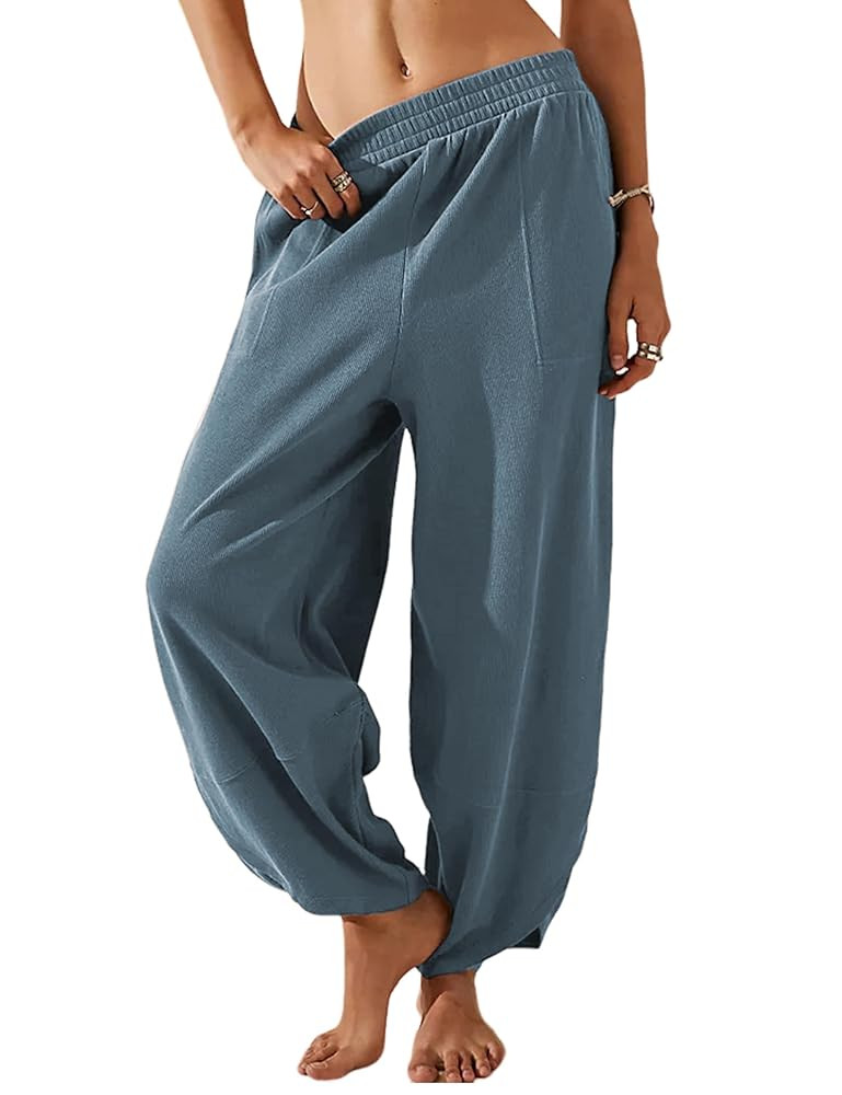 Springrain Womens Baggy Wide Leg Pants Cotton Elastic Waisted Loose Palazzo Harem Pants with Pock... | Amazon (US)