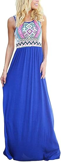 Sherosa Women Boho Chevron Striped Floral Printed Summer Sleeveless Tank Long Maxi Party Dress | Amazon (US)