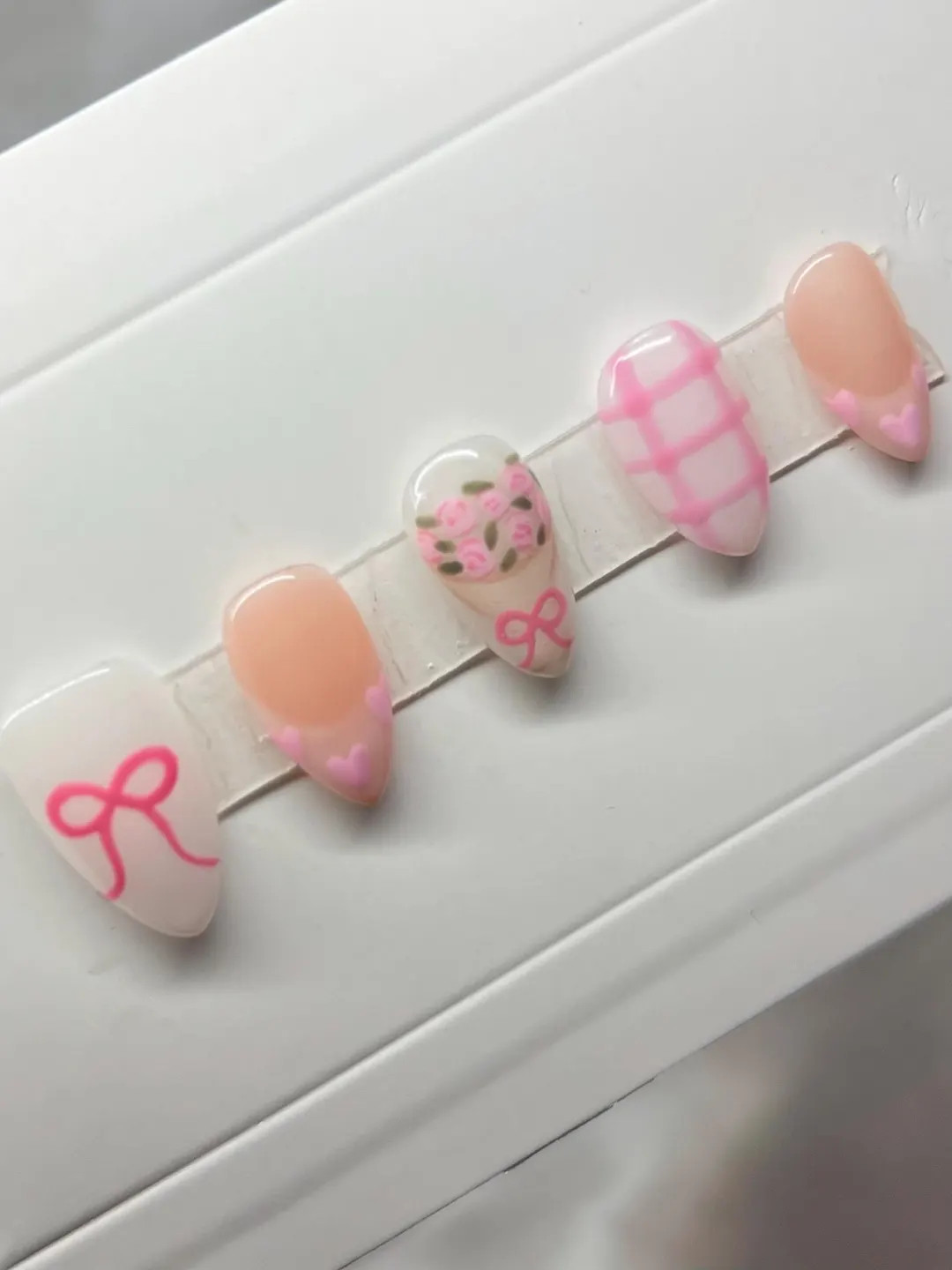 Luxury Hand Painted Press on Nails Pink Hearts Bows Plaid Rose Bouquet Valentines Day - Etsy | Etsy (US)