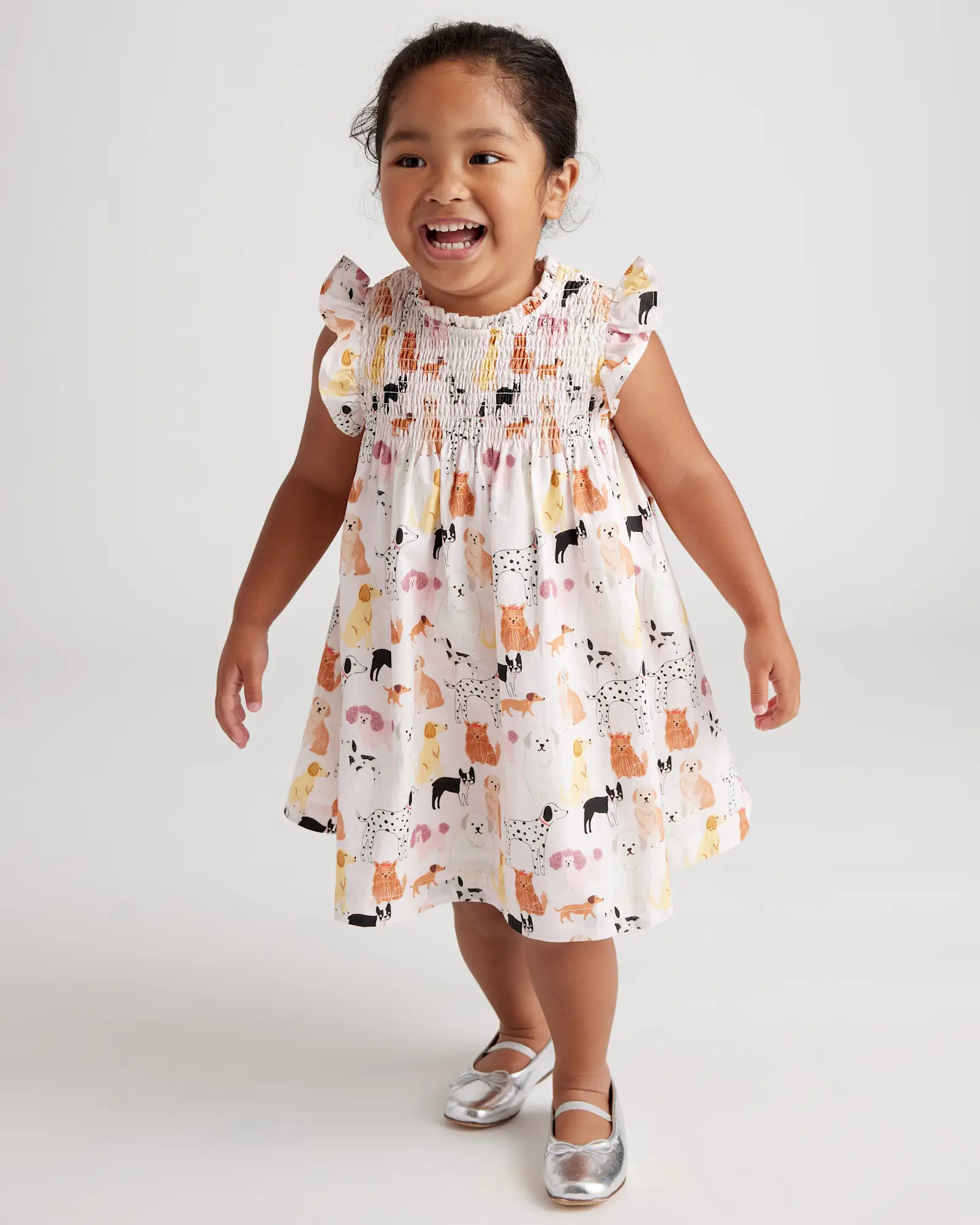 100% Organic Cotton Poplin Smocked Flutter Sleeve Dress - Toddler Girl in Pink Puppy Pals | Quince