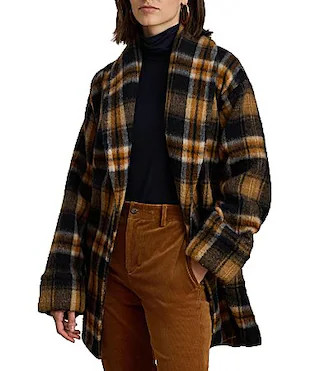 Ralph Ralph Lauren Plaid Wool Blend Shawl Collar Long Sleeve Wrap Coat - S | Dillard's