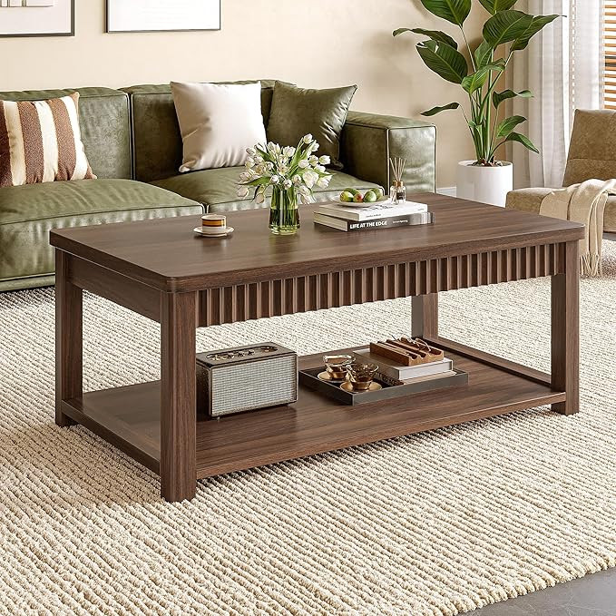 Coffee Table, 39 Inch Modern Coffee Tables for Living Room with 2-Tier Storage & Wave-Edge, Walnu... | Amazon (US)