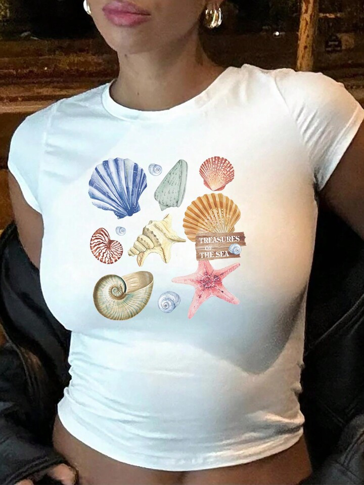 SHEIN EZwear Women's Shell And Starfish Printed Tight Cropped T-Shirt | SHEIN