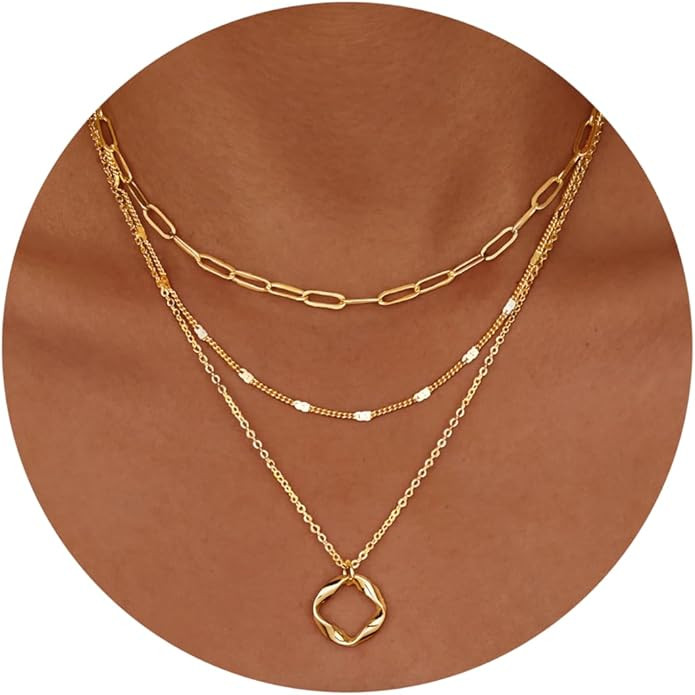Layered Gold Necklaces for Women,Stackable Dainty 14K Gold Silver Plated Trendy Circle Paperclip ... | Amazon (US)