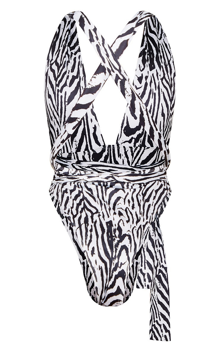 Monochrome Zebra Print Multiway Wrap Waist Plunge Swimsuit | PrettyLittleThing US
