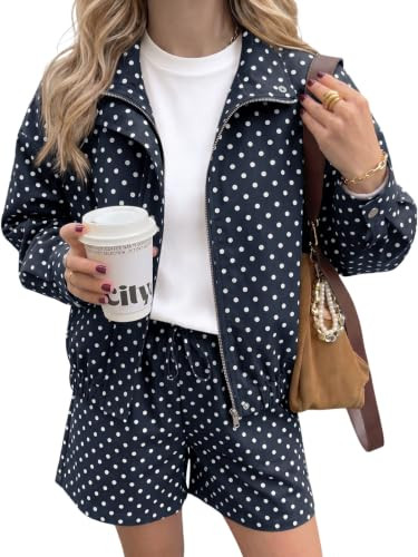 Tankaneo Womens Polka Dot 2 Piece Sets Zip Up Cropped Jackets Shorts Set | Amazon (US)