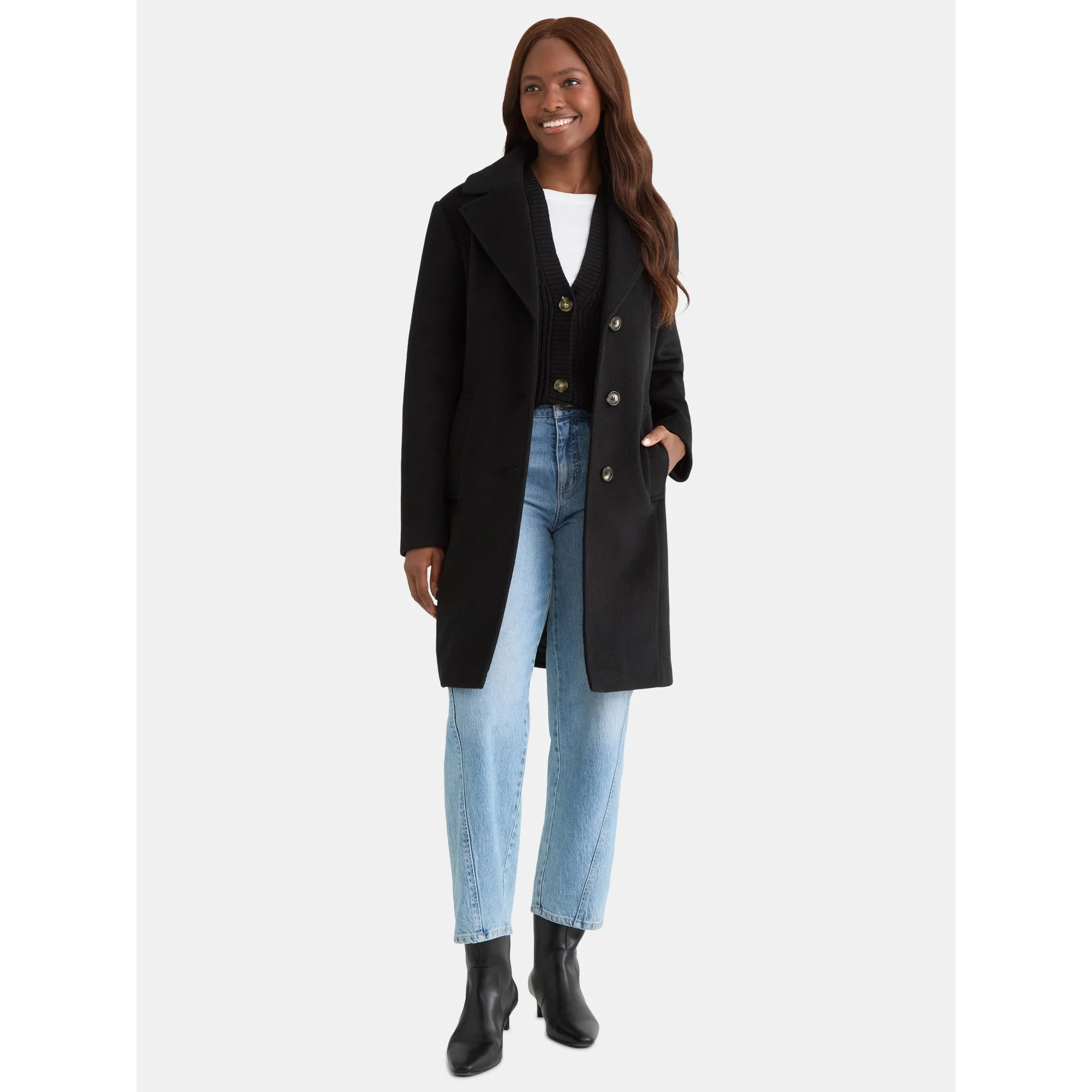 Time and Tru Women's and Women's Plus Faux Wool Boyfriend Coat, Sizes XS-2X | Walmart (US)