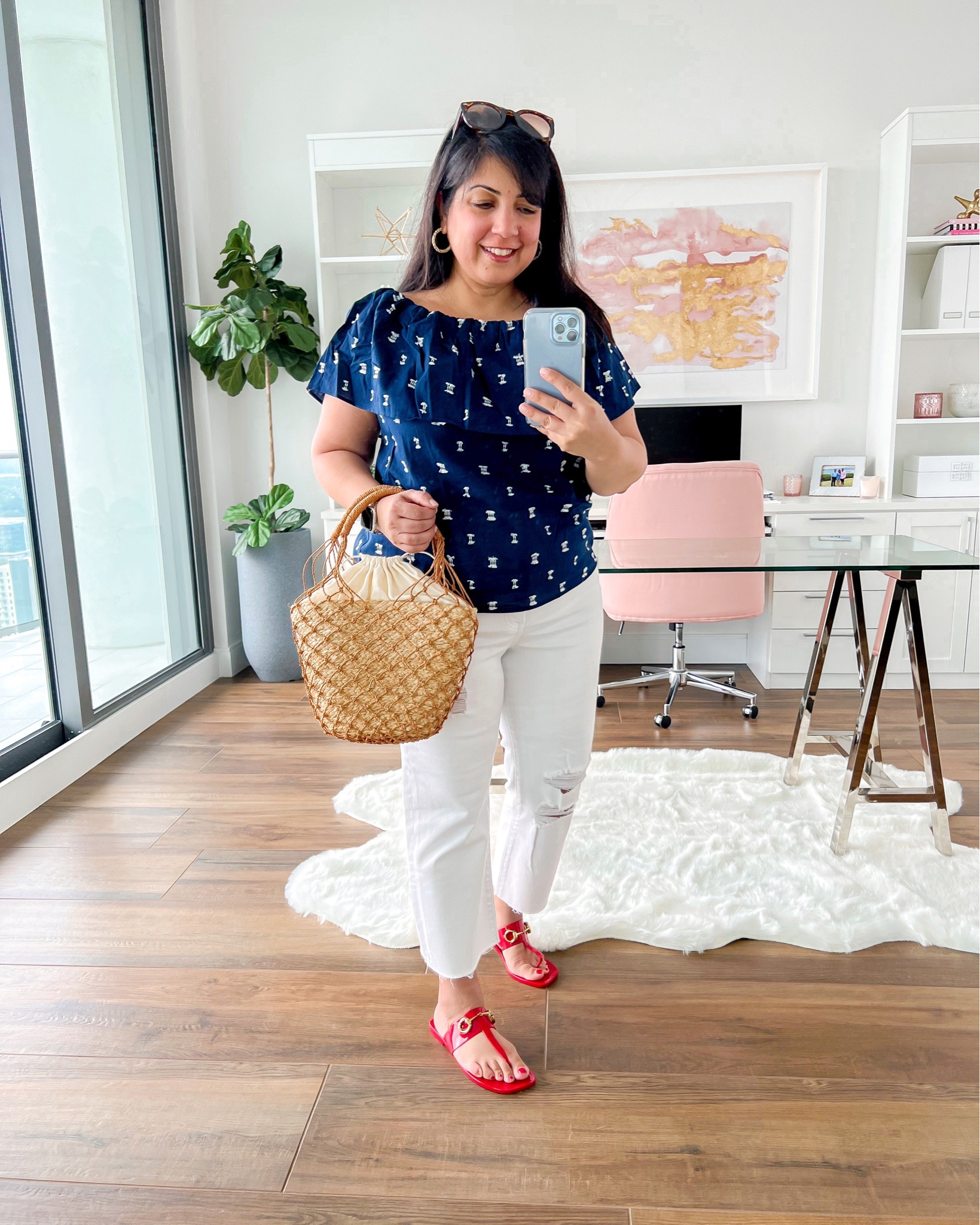 Loft sale! This cute navy and white top is now on sale for under $20! Wearing top size large. Express jeans. Jeffrey Campbell sandals true to size. J. Crew straw basket bag.

#liketkit @shop.ltk https://liketk.it/4f4gz

Summer outfit inspiration, summer fashion, everyday outfits spring, casual outfits, summer outfits, spring outfits 2023, spring fashion 2023, summer outfits 2023, summer fashion 2023, summer sandals, red sandals, jelly sandals, straw tote bag, Loft shirt, Loft outfits, red white and blue outfits, everyday casual outfit, Loft outfit idea, white jeans, white denim

#LTKstyletip #LTKsalealert #LTKunder50