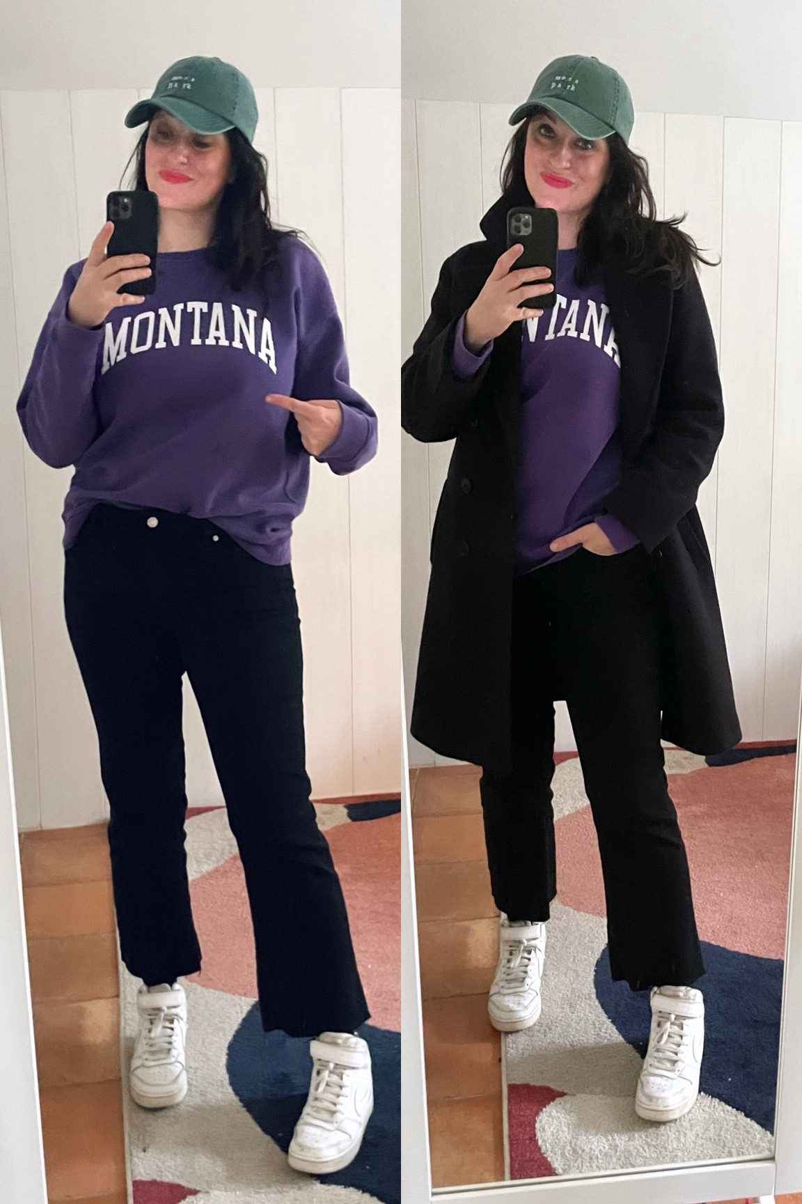 . Navy peacoat #pablo (similar, linked)
. Purple "Montana" tall sweatshirt #newlook
. Black flare crop "Sienna" jeans #mango (linked)
. #nike Court Borough Mid 2 (linked)
. Green denim baseball "Moss park" cap #hm (linked)
. "Defiant coral" semi-matte lipstick #esteelauder (linked)

#LTKmidsize #LTKfrance #LTKwinter