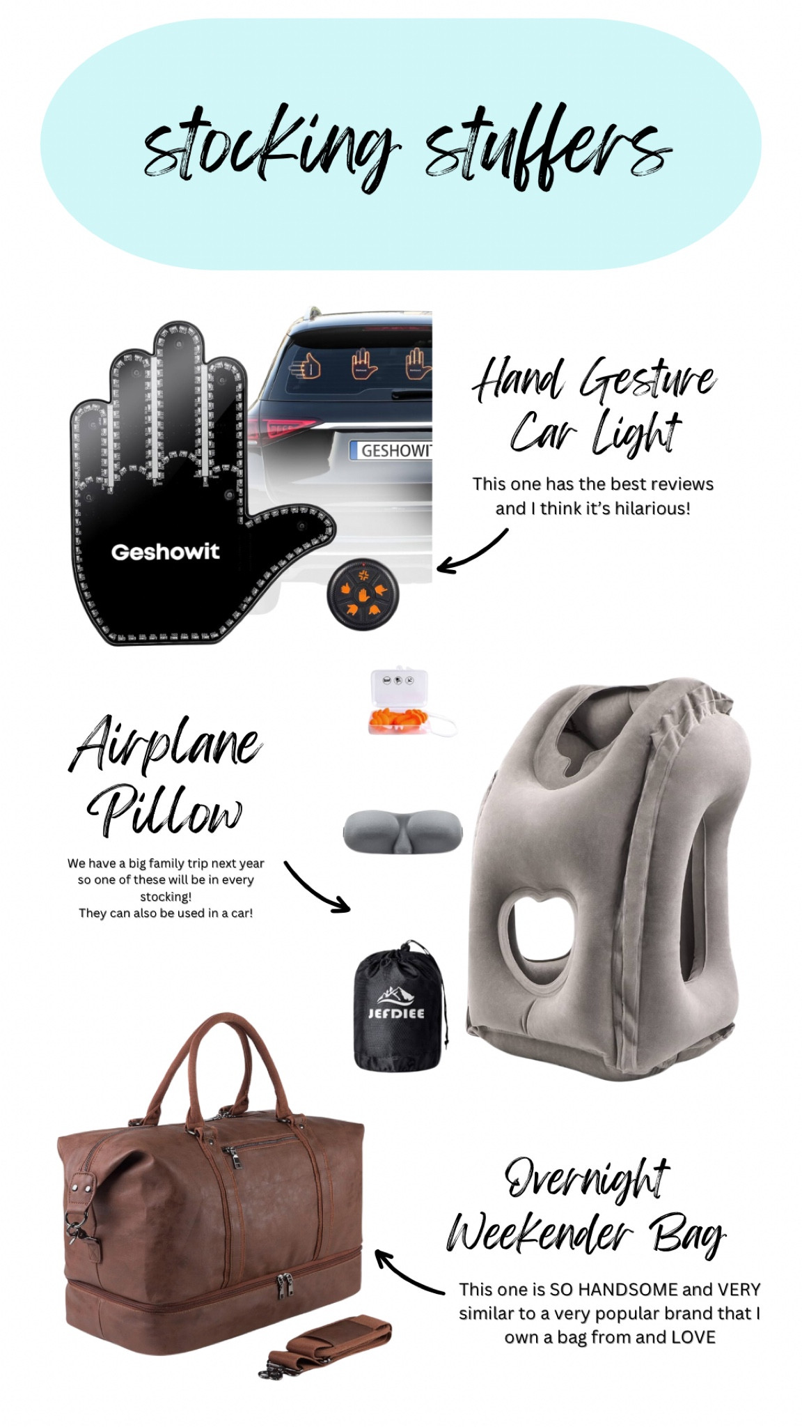 Some ideas for stocking stuffers!! The hand sign is so funny to me! 