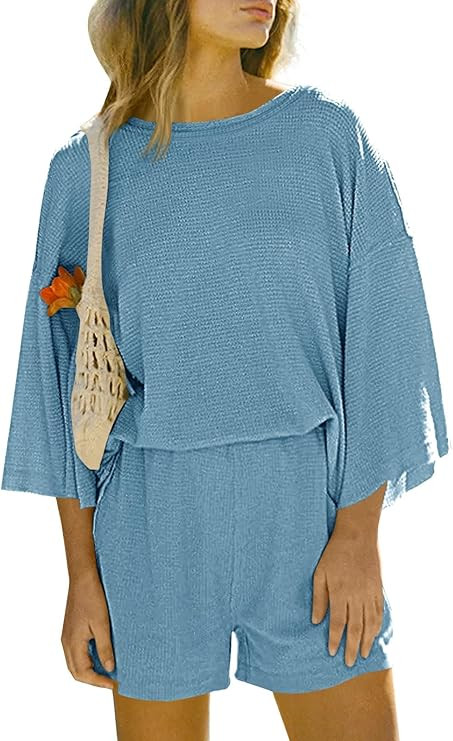 Tankaneo Womens Short Sets 2 Piece Outfits 3/4 Sleeve Tops and Elastic Waist Shorts Lounge Set Ca... | Amazon (US)