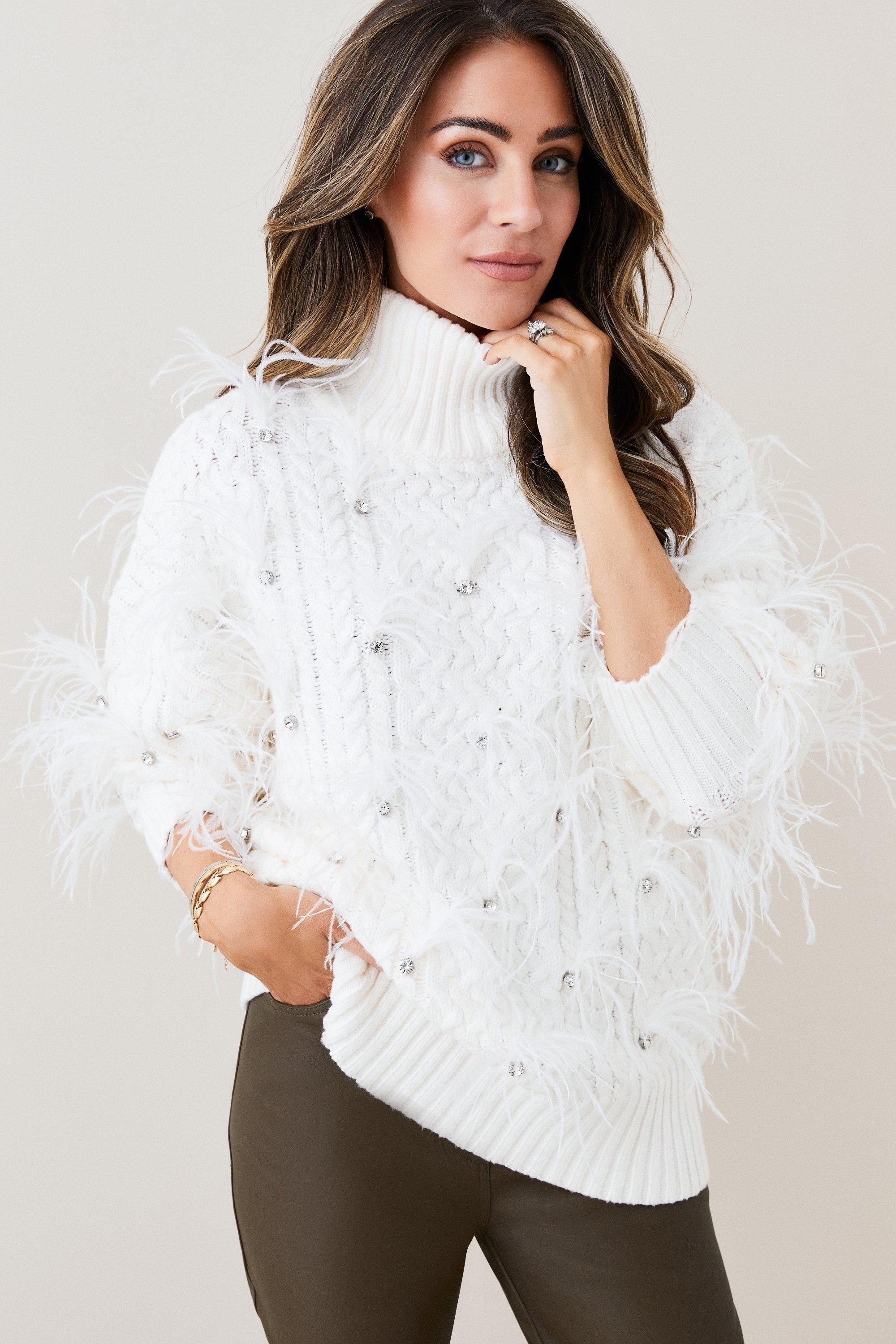 Lydia Millen Feather Embellished Chunky Cable Knit Sweater | Karen Millen US