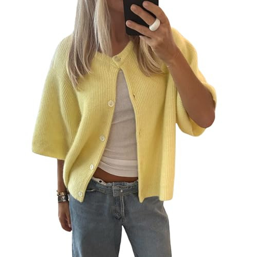 Women Y2k Knitted Crop Cardigan Short Sleeve Button Up Rib Knit Solid Color Cute Sweater Shirt (US, Alpha, Medium, Regular, Regular, Yellow) | Amazon (US)