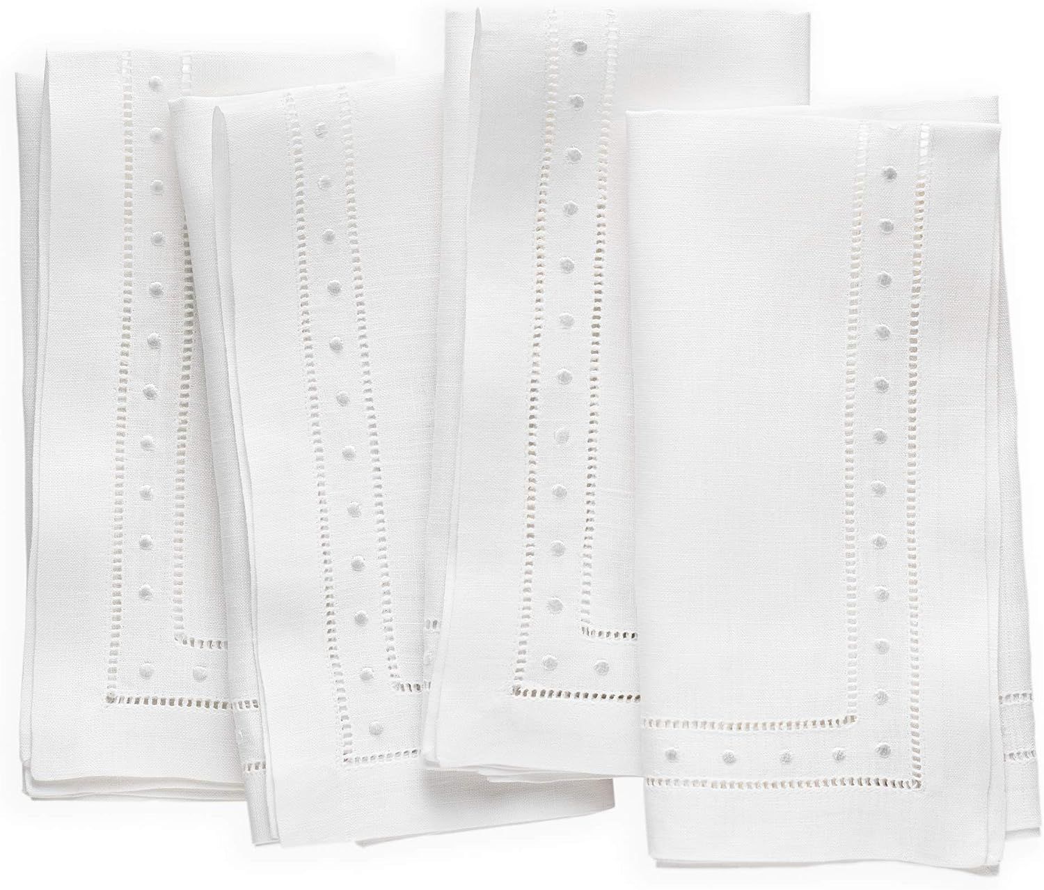 O'lucio Authentique Home Double Hemstitch Linen Dinner Napkins with Embroidered Swiss Dots - Whit... | Amazon (US)