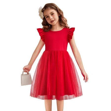 Oudiya Toddler Girls Tutu Red Dress Fluffy Ruffle Sleeve Dresses Summer Casual Tulle Party Sundress for Kids 4T-5T | Walmart (US)