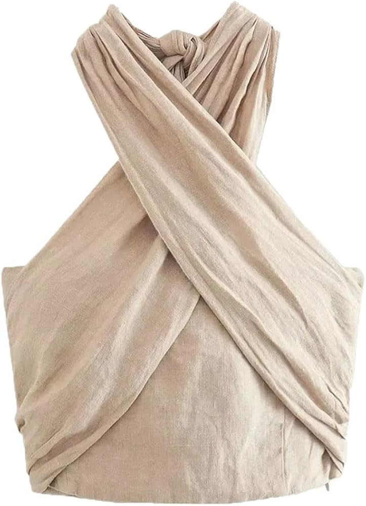 Women's Linen Halterneck Top - Summer Backless Crop Top Sleeveless Casual Beachwear | Amazon (US)