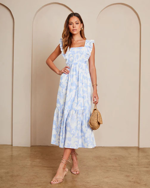 Roe Cotton Floral Midi Dress - Light Blue/White | VICI