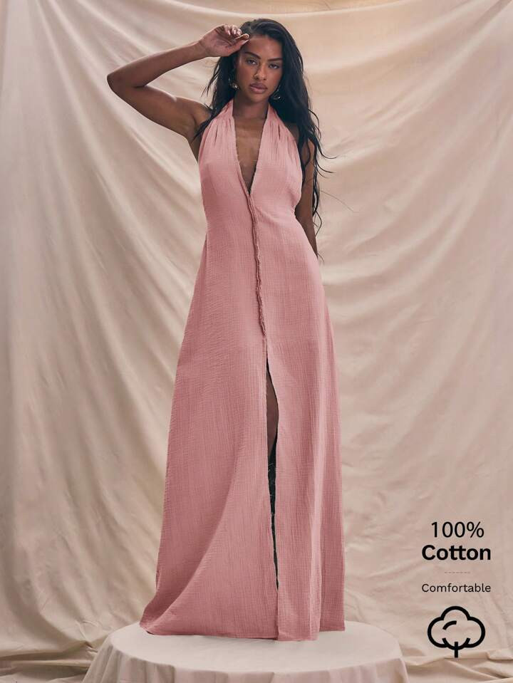 MUSERA Halterneck Plunge Centre Seam Detail Extreme Scoop Back Maxi Dress Spring Summer Sundress ... | SHEIN