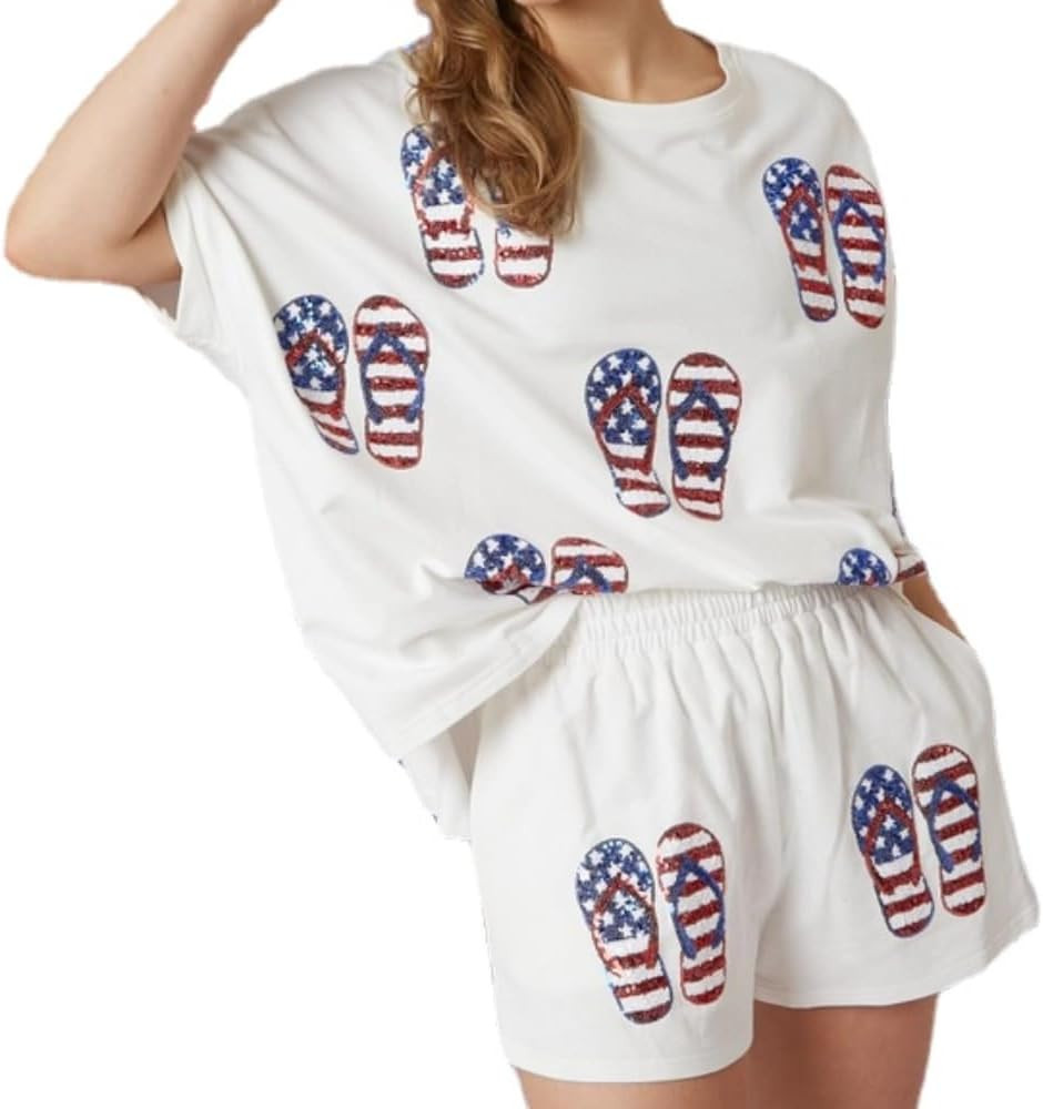 Women 4th of July Outfit American Flag Sequins Short Sleevle T-Shirt Casual Summer Two Piece Shor... | Amazon (US)