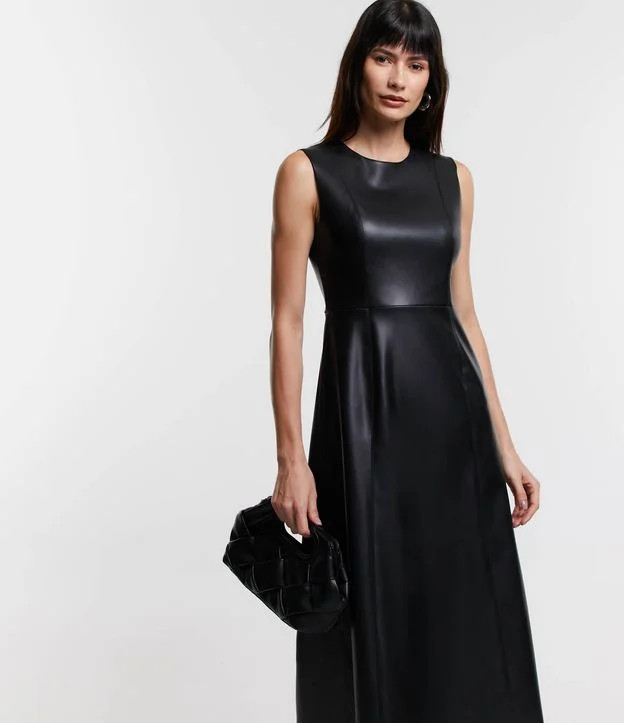 Vestido Midi em Material Sintético com Zíper nas Costas Preto | Renner (BR)