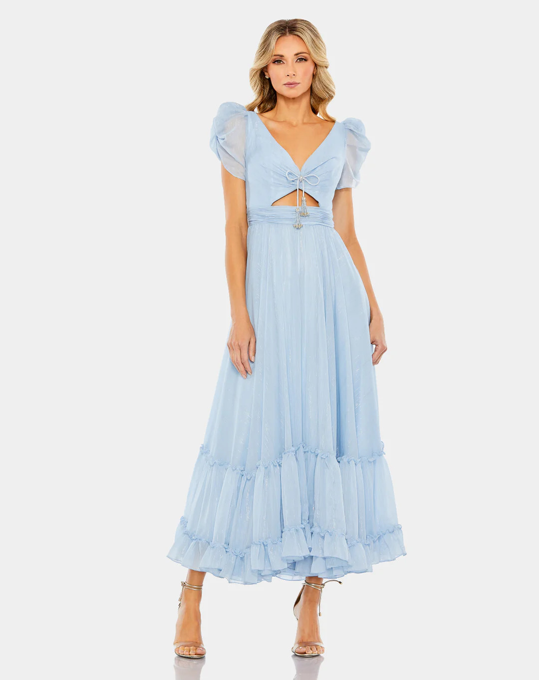 Ruffle Tiered Metallic Ruched Shoulder Dress | Lord & Taylor