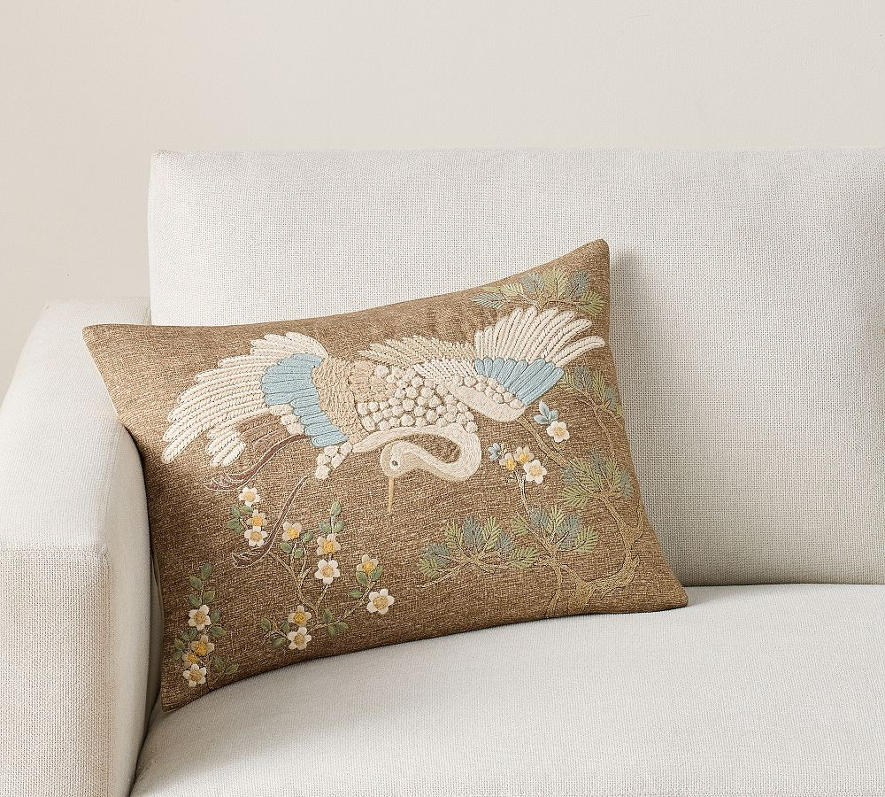 Crane Embroidered Lumbar Pillow Cover | Pottery Barn (US)