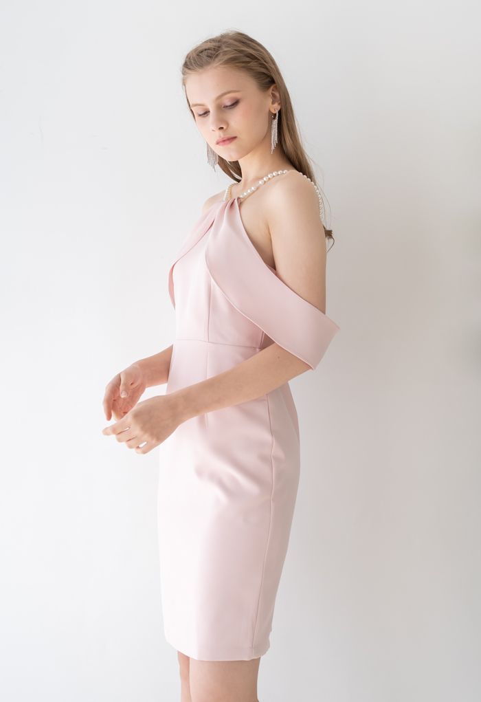 Pearl Strap Cold-Shoulder Shift Dress in Pink | Chicwish