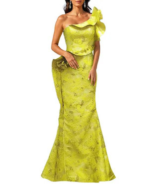 Terani Couture One Shoulder Jacquard Ruffle Long Gown | Dillard's | Dillard's