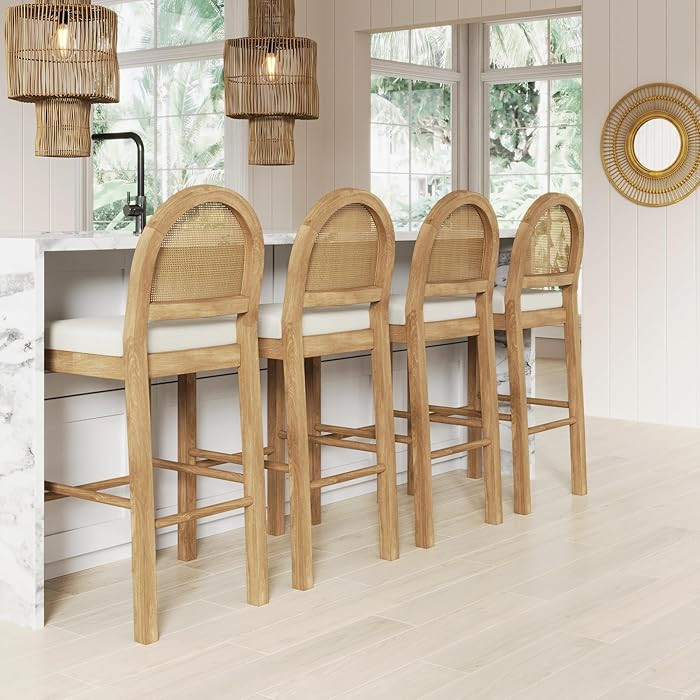 Nathan James Bailey 29 in. Boucle Bar Stool with Back, Bar Height Chair with Natural Woven Rattan... | Amazon (US)