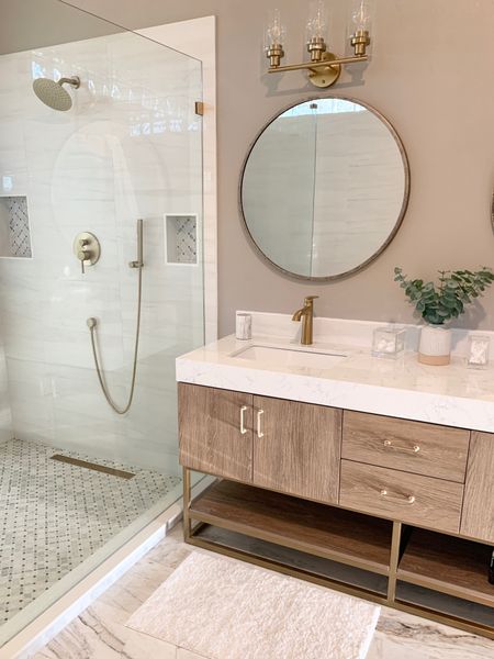 New master bathroom decor, bathroom vanity, brushed gold shower system, bathroom faucet 

#LTKhome #LTKSeasonal #LTKFind