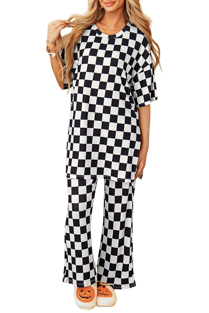Women 2 Piece Outfits Ribbed Casual Checkered Boxy Sleeve Top and Wide Leg Pants Matching Lounge ... | Amazon (US)