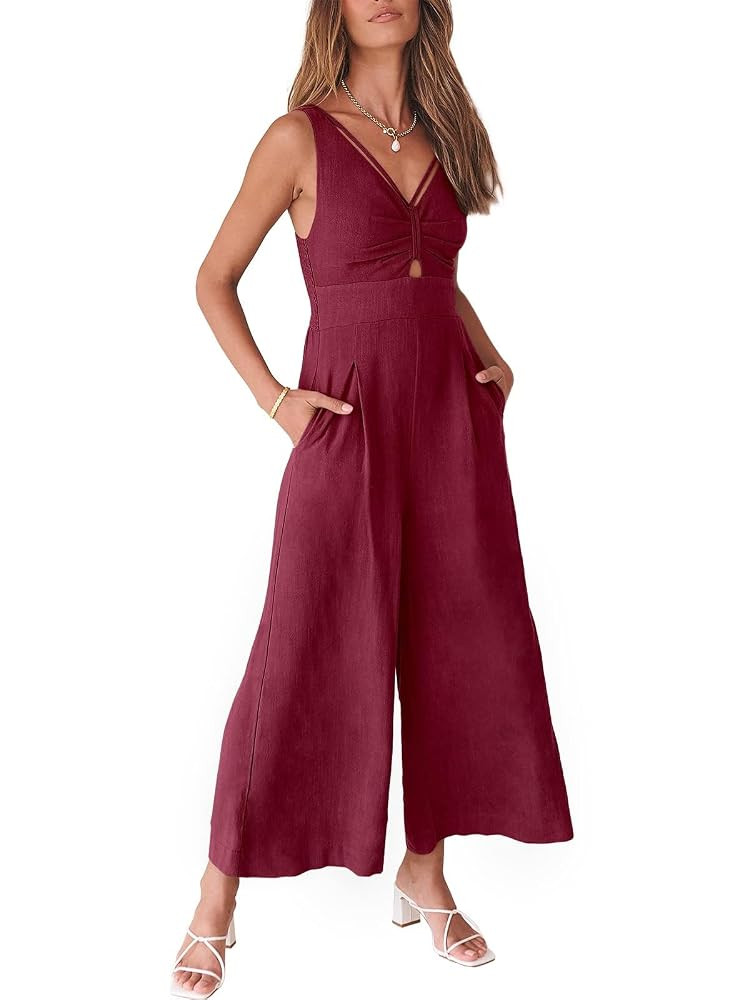 ANRABESS Women's Jumpsuits Summer Wide Leg Sleeveless V Neck Casual Dressy Linen Pants Rompers 20... | Amazon (US)