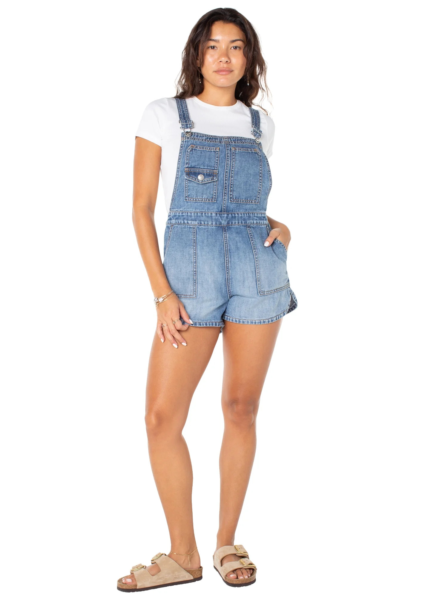 Celebrity Pink Women's Drapey Denim Dolphin Hem Shortalls, Sizes XS-XXXL | Walmart (US)