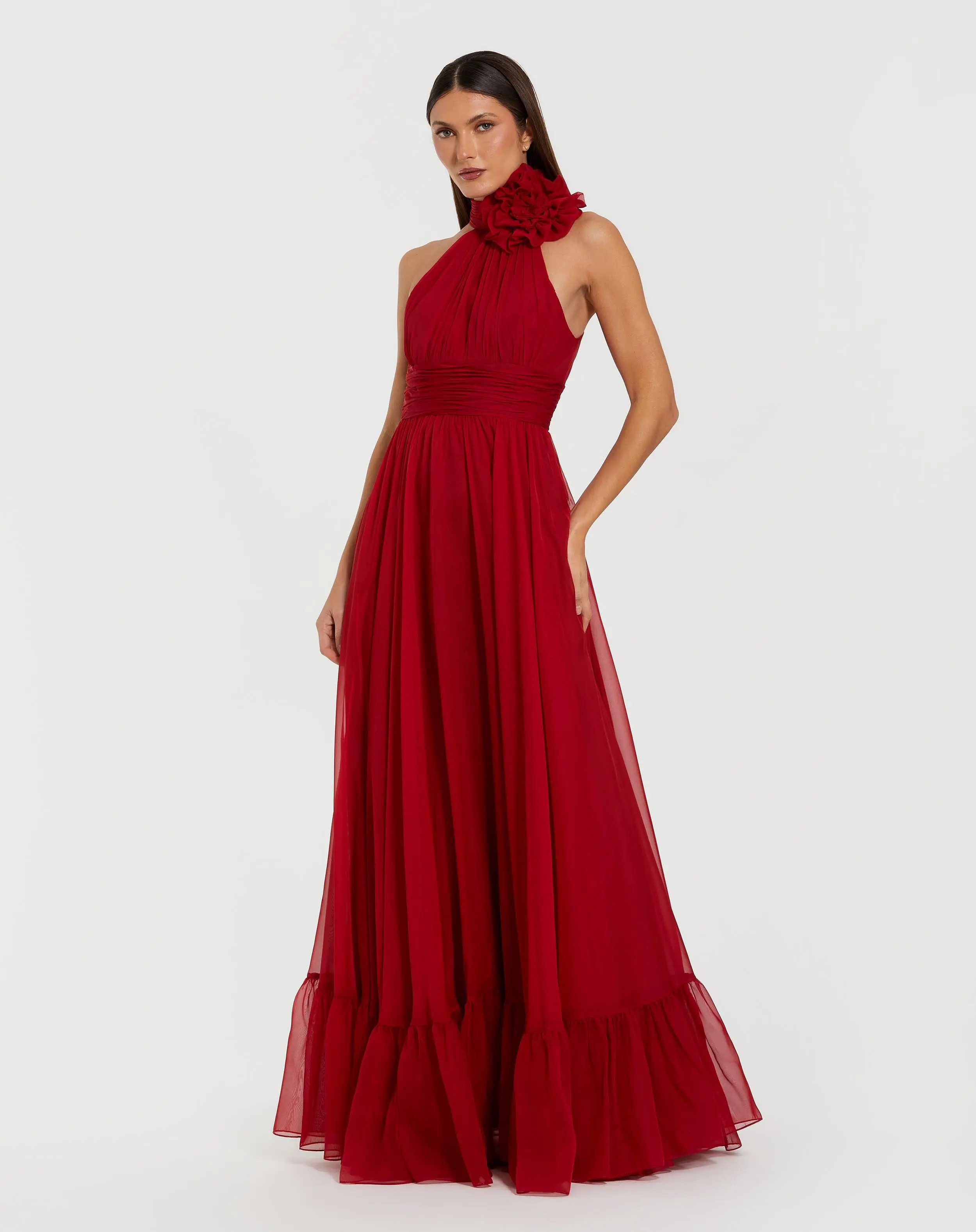 Red Halter Neck Chiffon Gown with 3D Flower | Mac Duggal | Mac Duggal